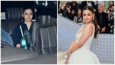Alia Bhatt at Mumbai airport (left), and at Met Gala 2023 (right). Alia Bhatt at Mumbai airport (left), and at Met Gala 2023 (right).