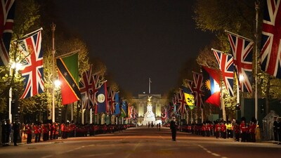 Members of the military march near Buckingham Palace in central London, during a rehearsal for the coronation of King Charles III which will take place at Westminster Abbey on May 6. (AP) Members of the military march near Buckingham Palace in central London, during a rehearsal for the coronation of King Charles III which will take place at Westminster Abbey on May 6. (AP)