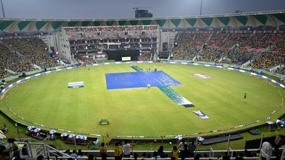 LSG were on 125/7 in 19.2 overs when rain forced the players to run inside. The match could never be restarted as the showers only got heavier and eventually, it was called off. (AFP) LSG were on 125/7 in 19.2 overs when rain forced the players to run inside. The match could never be restarted as the showers only got heavier and eventually, it was called off. (AFP)