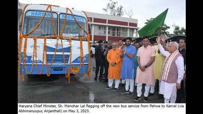 Chief minister Manohar Lal Khattar flags off new bus service from Pehowa to Karnal on Wednesday. Chief minister Manohar Lal Khattar flags off new bus service from Pehowa to Karnal on Wednesday.
