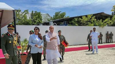 Defence minister Rajnath Singh and defence minister of Maldives Mariya Didi during the foundation stone laying ceremony of Maldives National Defence Force Coast Guard ‘Ekatha Harbour’, in Male, on Wednesday. (PTI) Defence minister Rajnath Singh and defence minister of Maldives Mariya Didi during the foundation stone laying ceremony of Maldives National Defence Force Coast Guard ‘Ekatha Harbour’, in Male, on Wednesday. (PTI)