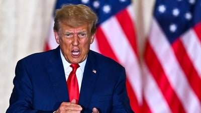 (FILES) In this file photo taken on April 04, 2023 former US president Donald Trump leaves after speaking during a press conference following his court appearance over an alleged 'hush-money' payment, at his Mar-a-Lago estate in Palm Beach, Florida. - A woman told a New York civil trial on May 2, 2023 that Donald Trump sexually assaulted her on a flight in the United States in the late 1970s. (Photo by CHANDAN KHANNA / AFP) (AFP) (FILES) In this file photo taken on April 04, 2023 former US president Donald Trump leaves after speaking during a press conference following his court appearance over an alleged 'hush-money' payment, at his Mar-a-Lago estate in Palm Beach, Florida. - A woman told a New York civil trial on May 2, 2023 that Donald Trump sexually assaulted her on a flight in the United States in the late 1970s. (Photo by CHANDAN KHANNA / AFP) (AFP)