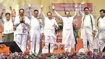Mumbai, India - May 01, 2023: Shiv Sena (Uddhav Balasaheb Thakeray) leader Uddhav Thackeray along with NCP leaders Ajit Pawar, Jayant Patil and Jitendra Awhad, Congress leaders Nana Patole, Balasaheb Thorat and Ashok Chavan during a "Vajramuth" public rally of Maha Vikas Aghadi (MVA), at Bandra-Kurla Complex (BKC), Bandra, in Mumbai, India, on Monday, May 01, 2023. (Photo by Vijay Bate/HT Photo) (HT PHOTO) Mumbai, India - May 01, 2023: Shiv Sena (Uddhav Balasaheb Thakeray) leader Uddhav Thackeray along with NCP leaders Ajit Pawar, Jayant Patil and Jitendra Awhad, Congress leaders Nana Patole, Balasaheb Thorat and Ashok Chavan during a "Vajramuth" public rally of Maha Vikas Aghadi (MVA), at Bandra-Kurla Complex (BKC), Bandra, in Mumbai, India, on Monday, May 01, 2023. (Photo by Vijay Bate/HT Photo) (HT PHOTO)