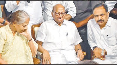 Mumbai, India - May 02, 2023: NCP leaders, workers, supporters of Sharad Pawar protest in solidarity against his resignation as party president urging him to reconsider his decision, at Y.B. Chavan Centre, Nariman Point, in Mumbai, India, on Tuesday, May 02, 2023. (Photo by Bhushan Koyande/HT Photo) (HT PHOTO) Mumbai, India - May 02, 2023: NCP leaders, workers, supporters of Sharad Pawar protest in solidarity against his resignation as party president urging him to reconsider his decision, at Y.B. Chavan Centre, Nariman Point, in Mumbai, India, on Tuesday, May 02, 2023. (Photo by Bhushan Koyande/HT Photo) (HT PHOTO)