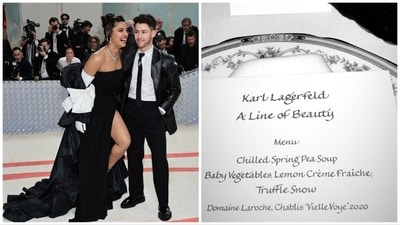 Priyanka Chopra with Nick Jonas at Met Gala 2023 (left); a picture of the menu shared by singer Maluma from the event. Priyanka Chopra with Nick Jonas at Met Gala 2023 (left); a picture of the menu shared by singer Maluma from the event.