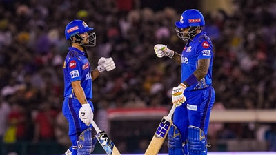 Ishan Kishan and Suryakumar Yadav during the IPL 2023 cricket match between Punjab Kings and Mumbai Indians at Punjab Cricket Association Stadium, in Mohali (PTI)