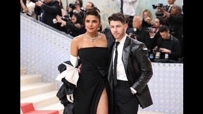 Priyanka Chopra Jonas and Nick Jonas pose at the Met Gala, New York City, May 1, 2023 (REUTERS)