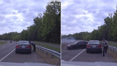 The image shows the US cop who luckily escaped a spinning car driven by a teen. (Facebook/Fairfax County Police Department)