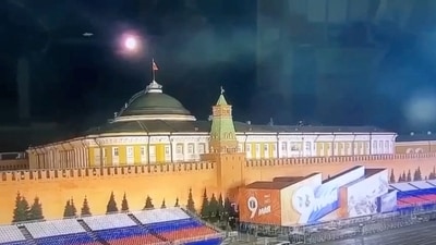 Russia-Ukraine war: A still image taken from video shows a flying object approaching the dome of the Kremlin Senate building during the alleged Ukrainian drone attack in Moscow. (Reuters)