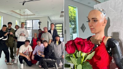The image shows Sophie the robot and the ten YouTubers she speed dated. (Instagram/@realsophiarobot) The image shows Sophie the robot and the ten YouTubers she speed dated. (Instagram/@realsophiarobot)