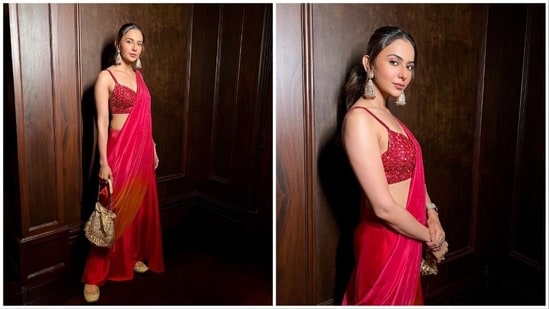 Rakul Preet shows how to look your best this wedding season while keeping things comfortable as she styles herself in a coral orange pants drape saree.&nbsp;(Instagram/@rakulpreet)