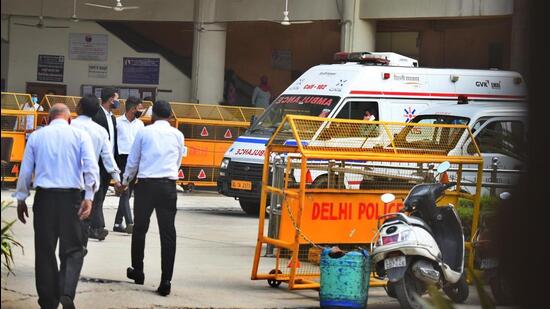 The move comes in the wake of killing of undertrial criminals amid tight security — in 2021, two gunmen dressed as lawyers entered Delhi’s Rohini court and opened fire, killing the Capital’s most wanted gangster Jitender Gogi; (above) an ambulance at Rohini district court after Jitender Gogi was shot. (HT Archive)