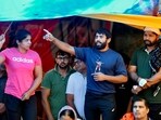 Wrestlers Bajrang Punia and Sakshi Mallik during the protest against WFI chief Brij Bhushan Sharan Singh, at Jantar Mantar in New Delhi on Thursday. (ANI Photo)