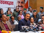 Himachal Pradesh Chief Minister Sukvinder Singh Sukhu with State Congress President Pratibha Singh along with party leaders and elected party candidates in municipal corporation election addresses�a press conference�in Shimla, Thursday. Himachal Pradesh Chief Minister Sukvinder Singh Sukhu with State Congress President Pratibha Singh along with party leaders and elected party candidates in municipal corporation election addresses�a press conference�in Shimla, Thursday.