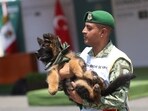 A soldier holds a German Shepherd puppy named 'Arkadas',  which was donated by the Turkey government as a gesture of gratitude following the death of Mexican rescue dog Proteo during the search for survivors of last February's quake in the town of Adiyaman, Turkey.