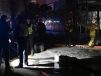 Firefighters operate at the scene of a fire in a building damaged after drone fragments fell over Kyiv. Firefighters operate at the scene of a fire in a building damaged after drone fragments fell over Kyiv.