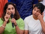 Wrestlers Vinesh Phogat and Sakshi Malik address the media during their protest at Jantar Mantar, in New Delhi, Tuesday, May 2, 2023. Wrestlers Vinesh Phogat and Sakshi Malik address the media during their protest at Jantar Mantar, in New Delhi, Tuesday, May 2, 2023.