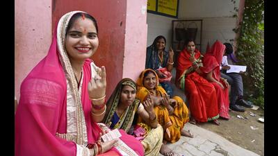A group of village women show inked fingers, after casting their votes during the local body elections at Bikamau Bhawanipur polling booth in Lucknow’s Bakshi ka Talaab, on Thursday. (Deepak Gupta/HT Photo) A group of village women show inked fingers, after casting their votes during the local body elections at Bikamau Bhawanipur polling booth in Lucknow’s Bakshi ka Talaab, on Thursday. (Deepak Gupta/HT Photo)