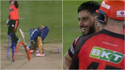 Mayank Markande dismisses Andre Russell (IPL) Mayank Markande dismisses Andre Russell (IPL)
