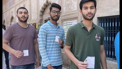 First-time voters outside the Picture Gallery polling station in Hussainabad area of Old City in Lucknow on Thursday. (Sourced)