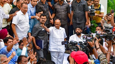 Nationalist Congress Party's (NCP) Sharad Pawar interacts with party workers and supporters during their 'dharna' urging Pawar to withdraw his resignation from the post of party president, at YB Chavan Centre in Mumbai (PTI) Nationalist Congress Party's (NCP) Sharad Pawar interacts with party workers and supporters during their 'dharna' urging Pawar to withdraw his resignation from the post of party president, at YB Chavan Centre in Mumbai (PTI)