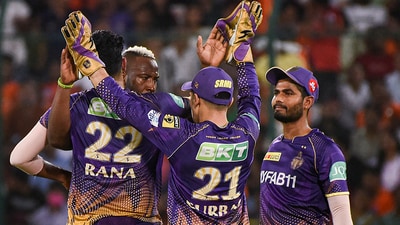 Kolkata Knight Riders players celebrate the dismissal of Sunrisers Hyderabad batter Rahul Tripathi during the IPL 2023 cricket match between Sunrisers Hyderabad and Kolkata Knight Riders, at Rajiv Gandhi International Cricket Stadium in Hyderabad, Thursday, (PTI) Kolkata Knight Riders players celebrate the dismissal of Sunrisers Hyderabad batter Rahul Tripathi during the IPL 2023 cricket match between Sunrisers Hyderabad and Kolkata Knight Riders, at Rajiv Gandhi International Cricket Stadium in Hyderabad, Thursday, (PTI)