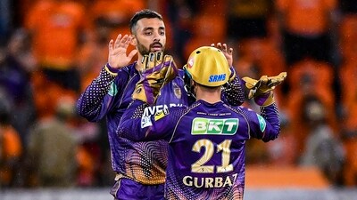 Kolkata Knight Riders players Rahmanullah Gurbaz and Varun Chakravarthy celebrate the dismissal of Sunrisers Hyderabad batter Abdul Samad (PTI) Kolkata Knight Riders players Rahmanullah Gurbaz and Varun Chakravarthy celebrate the dismissal of Sunrisers Hyderabad batter Abdul Samad (PTI)