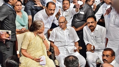 Sharad Pawar with his wife Pratibha Pawar and senior NCP leaders in Mumbai on Tuesday. (Bhushan Koyande/HT PHOTO) Sharad Pawar with his wife Pratibha Pawar and senior NCP leaders in Mumbai on Tuesday. (Bhushan Koyande/HT PHOTO)