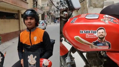 Swiggy agent decks his bike with RCB stickers. (Twitter/@Pulkit ) Swiggy agent decks his bike with RCB stickers. (Twitter/@Pulkit )