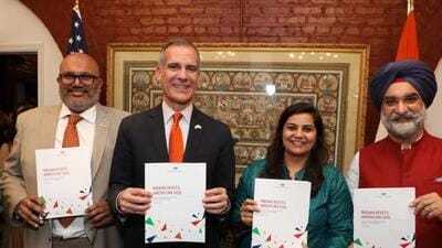 The report was released at the residence of Indian ambassador to the US Taranjit Singh Sandhu. (Twitter) The report was released at the residence of Indian ambassador to the US Taranjit Singh Sandhu. (Twitter)