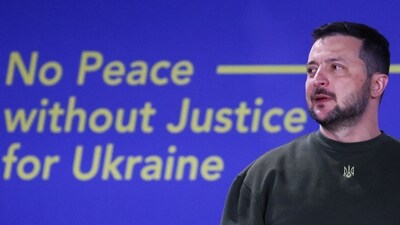 Ukraine's President Volodymyr Zelenskiy arrives to deliver a speech titled "No Peace Without Justice for Ukraine", in the Hague, Netherlands May 4. (REUTERS)