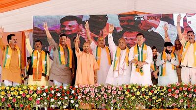 Uttar Pradesh chief minister Yogi Adityanath and others at an election meeting in Ayodhya on Thursday. (ANI Photo) Uttar Pradesh chief minister Yogi Adityanath and others at an election meeting in Ayodhya on Thursday. (ANI Photo)