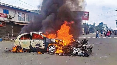 Vehicles in flames after violence broke out during the 'Tribal Solidarity March' called by All Tribal Student Union Manipur (ATSUM), in Imphal on Thursday. (PTI) Vehicles in flames after violence broke out during the 'Tribal Solidarity March' called by All Tribal Student Union Manipur (ATSUM), in Imphal on Thursday. (PTI)