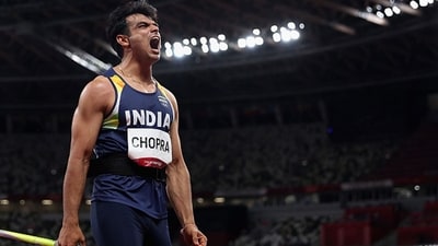 Neeraj Chopra during the medal ceremony for the men's javelin throw at the 2020 Summer Olympics (PTI) Neeraj Chopra during the medal ceremony for the men's javelin throw at the 2020 Summer Olympics (PTI)