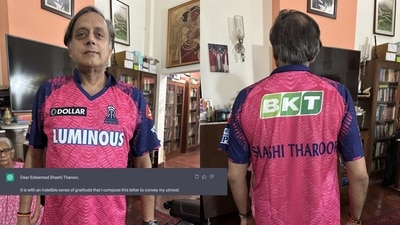 Shashi Tharoor sporting the personalised jersey by Rajasthan Royals. (Twitter/@ShashiTharoor and @rajasthanroyals)