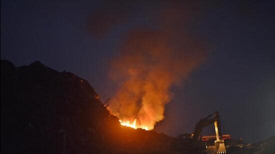 The efforts come a year after a massive fire broke out at the Bhalswa landfill in April 2022 when the site burnt for days on end. (Sanjeev Verma/HT Photo)