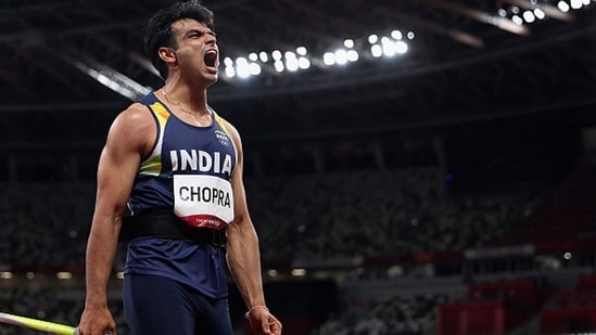 Neeraj Chopra during the medal ceremony for the men's javelin throw at the 2020 Summer Olympics (PTI)