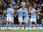Manchester City's English midfielder Phil Foden (C) celebrates Manchester City's English midfielder Phil Foden (C) celebrates