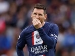 Paris St Germain's Lionel Messi reacts