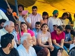 Former chief minister of Haryana Bhupinder Hooda meets protesting wrestlers at Jantar Mantar Former chief minister of Haryana Bhupinder Hooda meets protesting wrestlers at Jantar Mantar