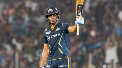 Shubman Gill celebrates his half-century against Mumbai Indians (IPL Twitter) Shubman Gill celebrates his half-century against Mumbai Indians (IPL Twitter)