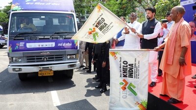 Union Minister of Youth Affairs and Sports Anurag Thakur with Uttar Pradesh Chief Minister Yogi Adityanath during the launch of the logo, anthem, jersey, torch and mascot of 'Khelo India University Games-2022', at Indira Gandhi Pratisthan, in Lucknow on Friday. (Naeem Ansari) Union Minister of Youth Affairs and Sports Anurag Thakur with Uttar Pradesh Chief Minister Yogi Adityanath during the launch of the logo, anthem, jersey, torch and mascot of 'Khelo India University Games-2022', at Indira Gandhi Pratisthan, in Lucknow on Friday. (Naeem Ansari)