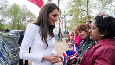 King Charles Coronation: Britain's Catherine, Princess of Wales meets well-wishers during a walkabout on the Mall outside Buckingham Palace. (Reuters)