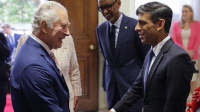 Britain's King Charles III (L) is greeted by Britain's Prime Minister Rishi Sunak. (AFP) Britain's King Charles III (L) is greeted by Britain's Prime Minister Rishi Sunak. (AFP)