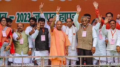 Chief minister Yogi Adityanath and other leaders at a civic poll rally in Hapur on Friday. (PTI PHOTO) Chief minister Yogi Adityanath and other leaders at a civic poll rally in Hapur on Friday. (PTI PHOTO)