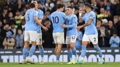 Manchester City's English midfielder Phil Foden (C) celebrates (AFP) Manchester City's English midfielder Phil Foden (C) celebrates (AFP)