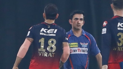 Lucknow Super Giants mentor Gautam Gambhir, centre, congratulates Royal Challengers Bangalore's Virat Kohli, left, after Kohli's team won the match during IPL 2023 (AP) Lucknow Super Giants mentor Gautam Gambhir, centre, congratulates Royal Challengers Bangalore's Virat Kohli, left, after Kohli's team won the match during IPL 2023 (AP)