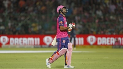 Rajasthan Royals' Riyan Parag leaves the field after being dismissed (AP) Rajasthan Royals' Riyan Parag leaves the field after being dismissed (AP)