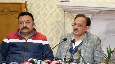 Industries minister Harshwardhan Chauhan (right) and education minister Rohit Thakur in Shimla on Friday. (HT Photo) Industries minister Harshwardhan Chauhan (right) and education minister Rohit Thakur in Shimla on Friday. (HT Photo)