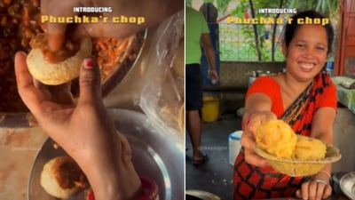 The image shows a woman making ‘phuchka chop’. (Instagram/@okaysubho) The image shows a woman making ‘phuchka chop’. (Instagram/@okaysubho)